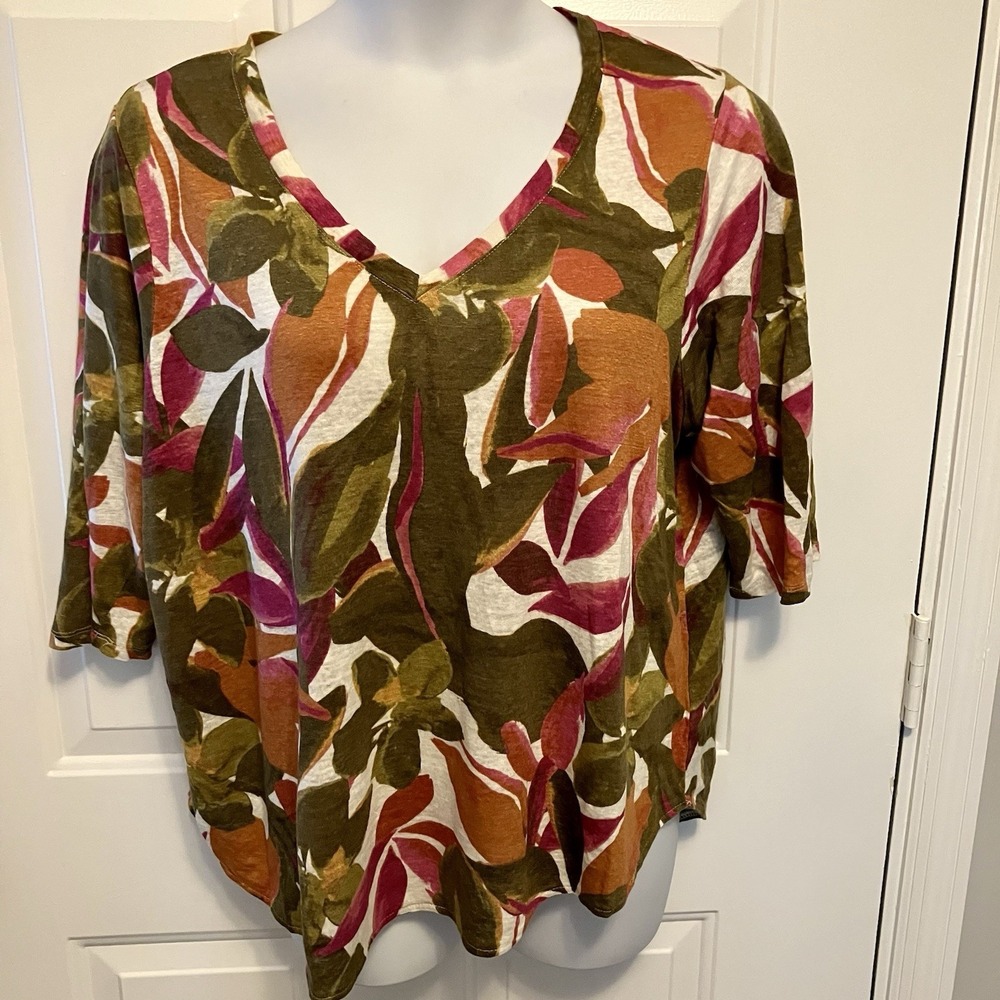Tahari Women's Plus Size‎ 2X 100% Linen Tunic Top Pink Green Artsy V Neck